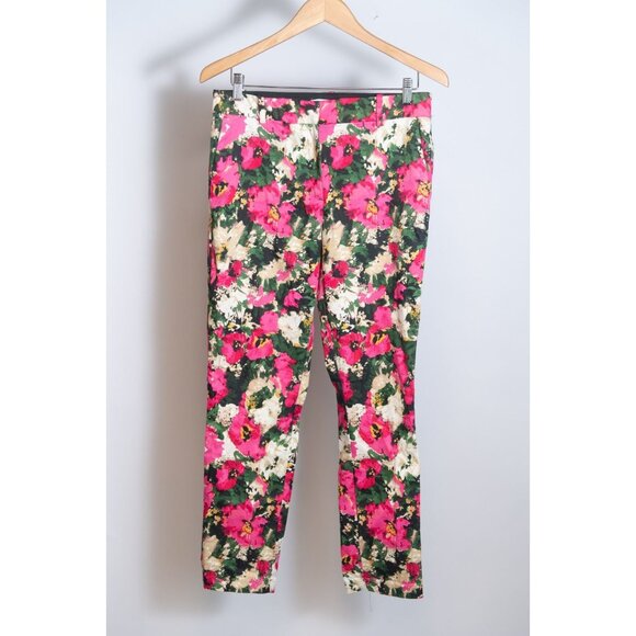 H&M Pink Floral Mid-Rise Straight Slim Stretch Ankle Trouser Pants Size 10 - Picture 1 of 13
